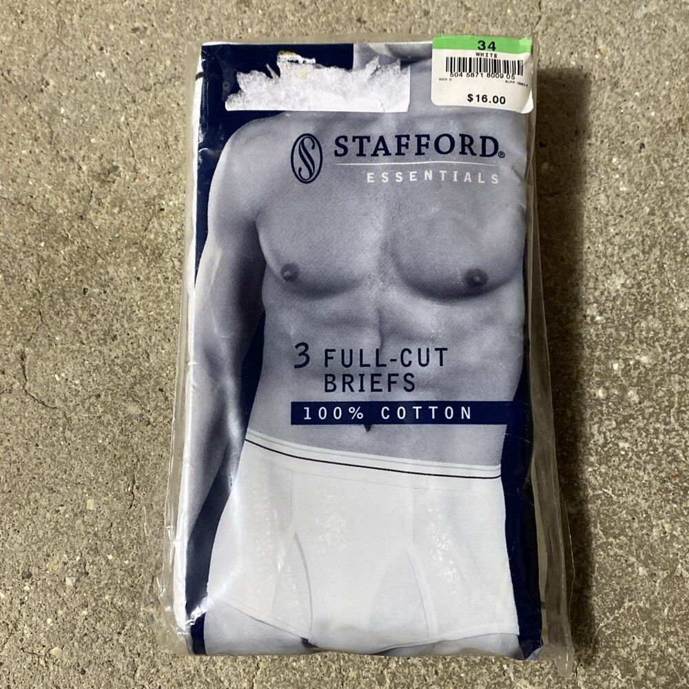 1 Pkg 3 Pair Stafford White Classic Full-cut Briefs Cotton Men’s 34 Underwear